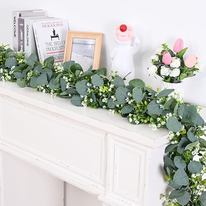 Waipfaru 8Pcs Eucalyptus Garland, 5.9FT Greenery Garland, Green Garland with Flowers, Artificial Faux Silver Dollar Eucalyptus Leaves Vines for Table Home Wedding Mantle Party Indoor Outdoor Decor