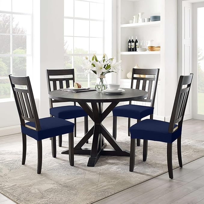Smiry Stretch Jacquard Seat Covers for Dining Room Chairs Set of 8, Removable Washable Chair Seat Protector Slipcovers, No Rear Covers, Federal Blue