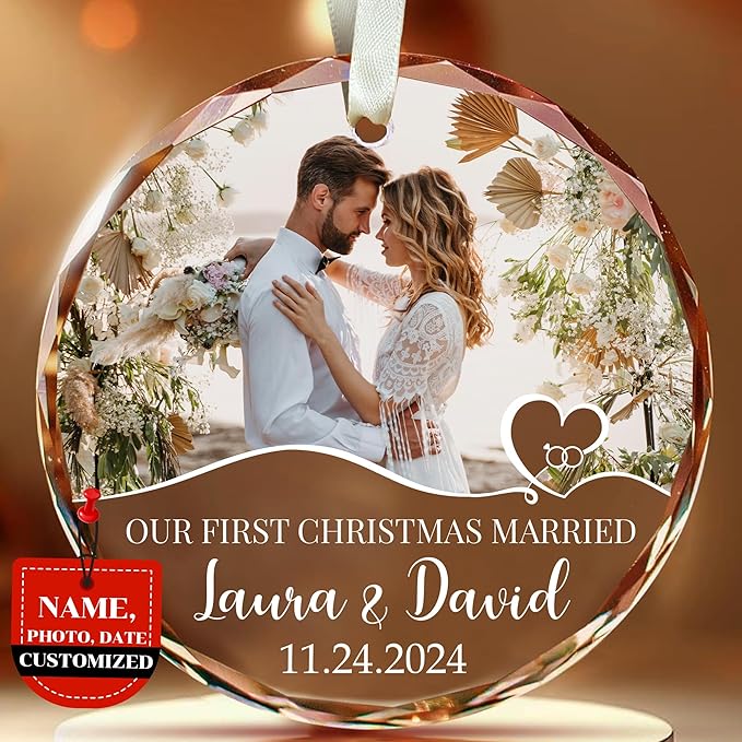 First Christmas Married Ornament 2025 β Custom Mr and Mrs Photo Ornament β Personalized Wedding Gift with Picture Name Date β Couple Glass Keepsake