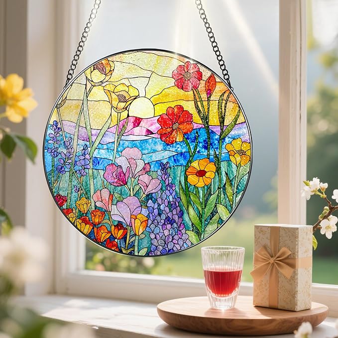 8-Inch Stained Glass Ornament, Stained Glass Window Hanging, Window Hanging Decor, Suncatcher Home Decor, Wildflowers Ornament | Mother's Day, Birthday, Christmas, Housewarming Gifts