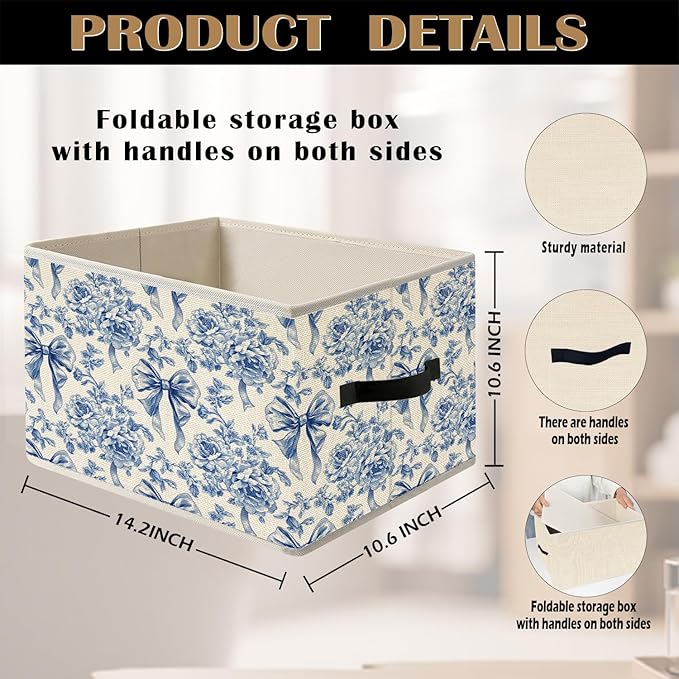 Blue and White Floral Bow Storage Bin Box with Handles, French Country Toile de Jouy Flower Foldable Organizer Basket Toybox for Girls Dorm Bedroom Bathroom Clothes Toys Books