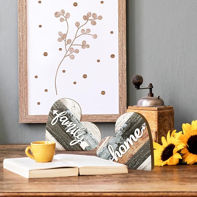 Jetec 2 Pcs Rustic Table Decorations for Living Room Home Decor Farmhouse Valentines Day Centerpiece Small Love Wooden Heart Decor for Dining Room Shelf Valentines Gift Decoration(Simple Style)