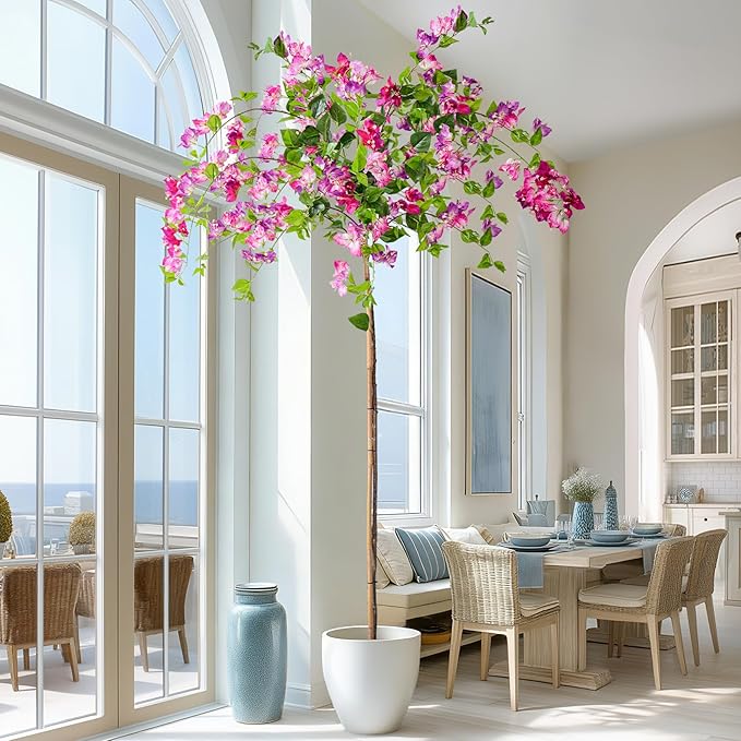 7.2FT Artificial Bougainvillea Tree Artificial Tree Tall Potted Fake Bougainvillea Trees for Outdoor Indoor Lifelike Potted Faux Plants with Wood Trunk and Flowers Office Wedding Home Decor