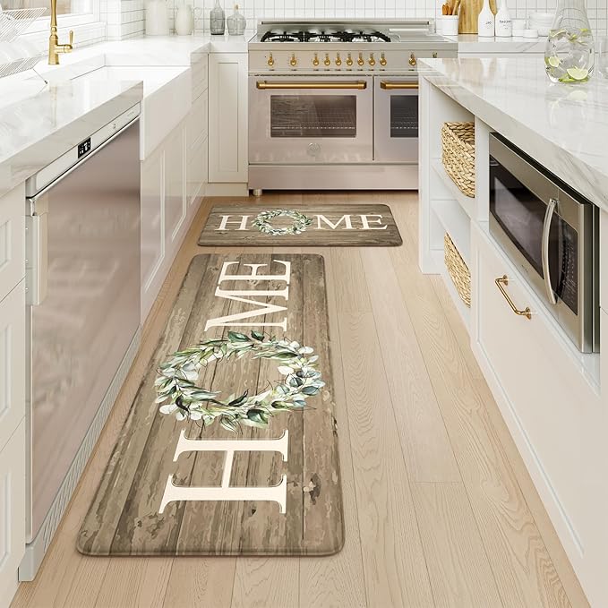 KIMODE Anti Fatigue Mats for Kitchen Floor,Farmhouse Rugs Sets of 2,Cushioned Carpet Non Slip for Laundry,Memory Foam Runner for Sink Office,Khaki 20"x47"+20"x32"