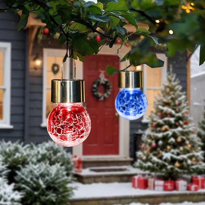 8 Pack Solar Lanterns, Christmas Decoration Lights with Multi-Color Changing Cracked Glass Hanging Ball Solar Outdoor Lights Waterproof Hanging Light for Garden, Yard, Patio, Lawn
