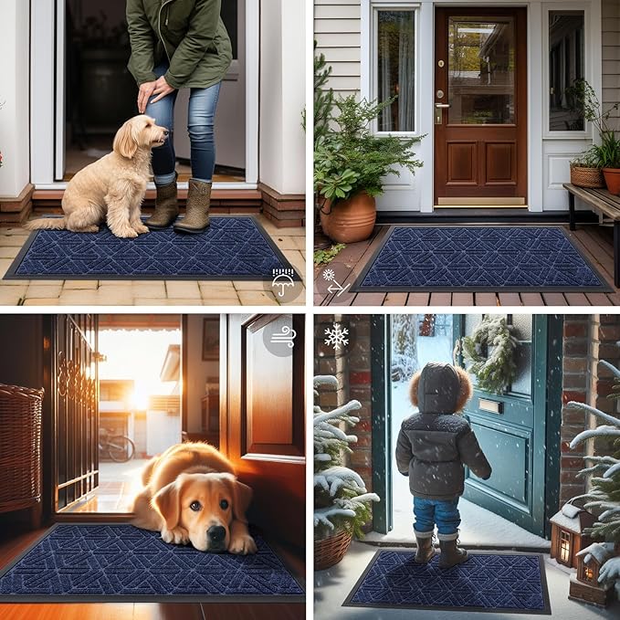 Smiry Front Door Mat Outside Entrance, Heavy Duty Sturdy Natural Rubber Doormat, Trap Dirt and Moisture, Easy Clean Low Profile Mats for Indoor Outdoor Entry, Grid Geometric (71x23, Navy Blue)