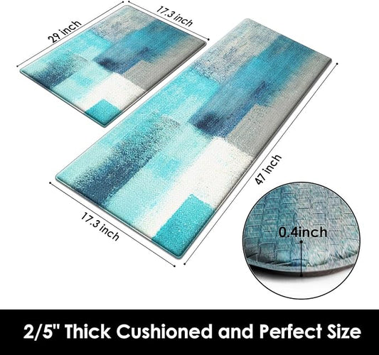 Arttown Teal Anti-Fatigue Kitchen Rug Set of 2 Grey Abstract Cushioned Floor Standing Mat Waterproof Non-Slip Mat and PVC Ergonomic Comfort Foam Rug