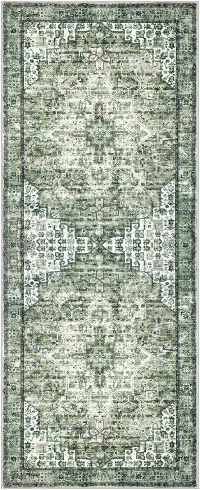 2x5 Runner for Hallways, Green Non-Slip Washable Kitchen Runners, Vintage Boho Runner Printed Rug with Non-Shedding, Soft Medallion Floor Carpet Rugs for Laundry Bedroom Entryway
