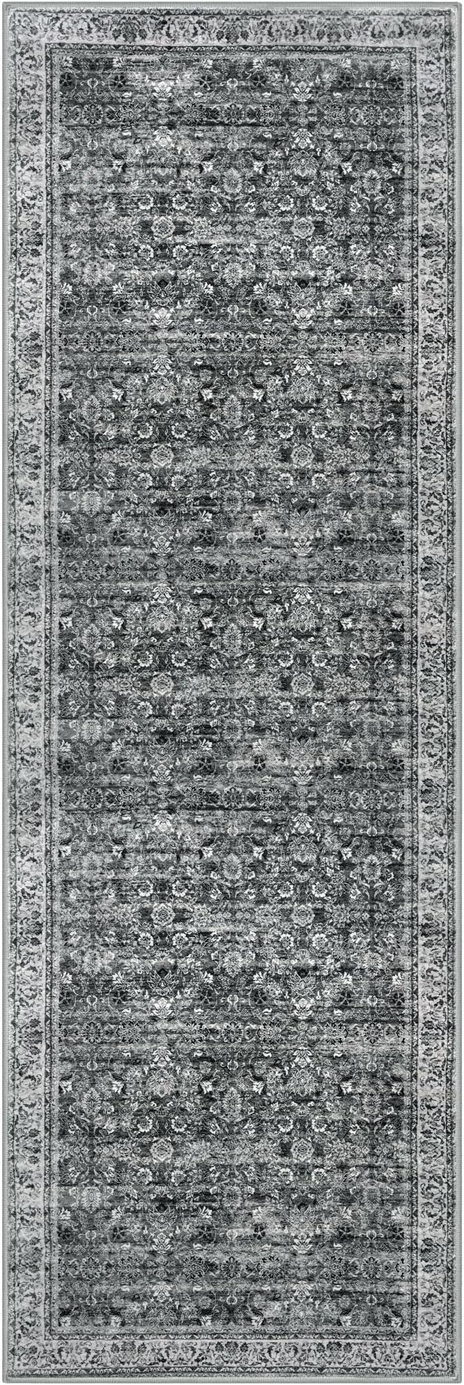 2x6 Runner Washable Rug for Hallways, Moss Charcoal Soft Neutral Vintage Kitchen Rugs with Non-Slip, Non-Shedding Distressed Floral Rug for Entryway Porch Kitchen Bedroom Laundry