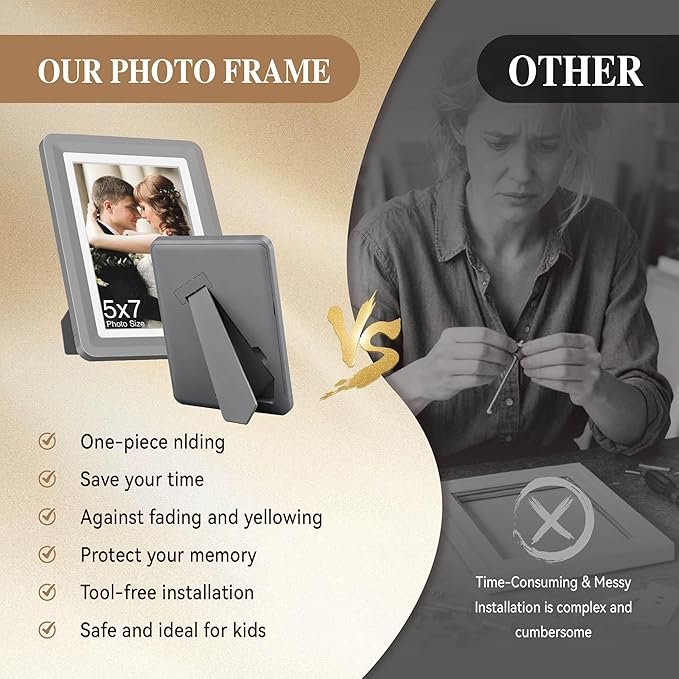 Dark Gray 5x7 Picture Frame with Acrylic Front 6 Pack, ABS Frame for 5x7 or 4x10 Photos, Shatterproof UV-Resistant Tabletop Photo Frame, Vertical/Horizontal Display for Home Décor