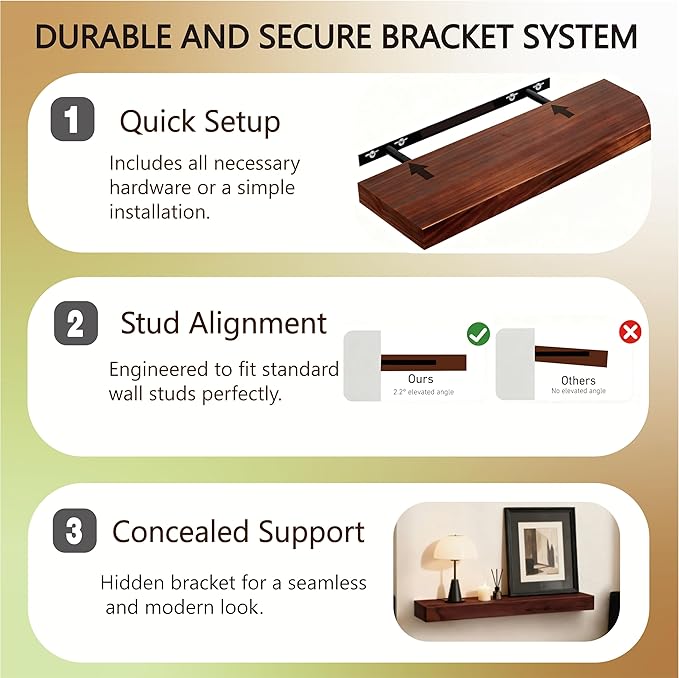 Solid Wood Floating Shelves,15in Finished Real Wood Wall Shelves with Heavy-Duty Hidden Bracket, Easy Installation, Set of 2, 15in x 7.9in x 1.5in, for Living Room Bedroom Kitchen,Walnut