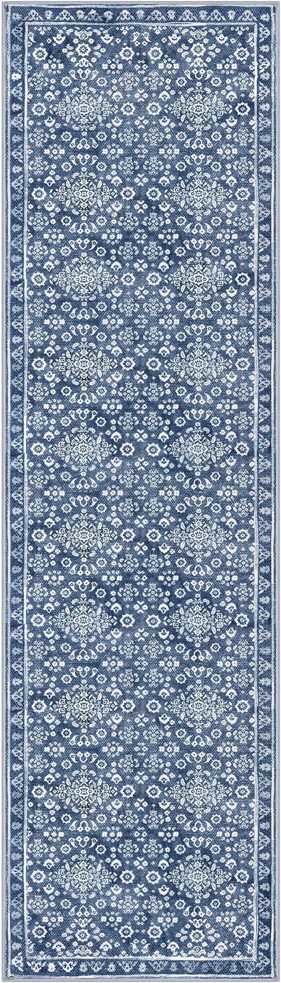 Vintage 2x7 Runner Rug, Denim Blue White Washable Runners for hallways, Super Soft Kitchen Runner Rug Non Slip, Print Faux Wool Floral Thin Carpet Runner for Entryway Indoor Bedside Runner