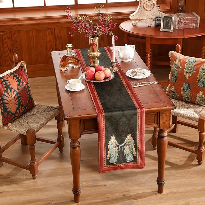patdrea Designer Mysterious Oil Painting Figures Velvet Table Runner, Brown Green with Palm Frond Pattern Table Mat, Decoration for Kitchen Dining Coffee Table Cabinet Banquet Thanksgiving,12"*118"