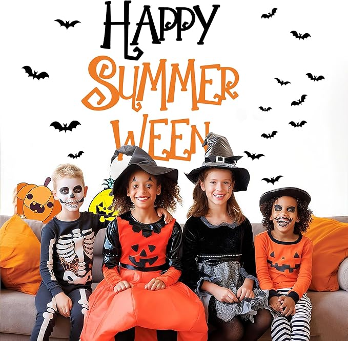 Happy Halloween Party Sign Decals for Backdrop Summerween Party Decorations Decal Halloween Wall Decor Vinyl Sticker Summer Halloweens Bats Vinyl Letters Signs Birthday Bachelorette Banner Supplies