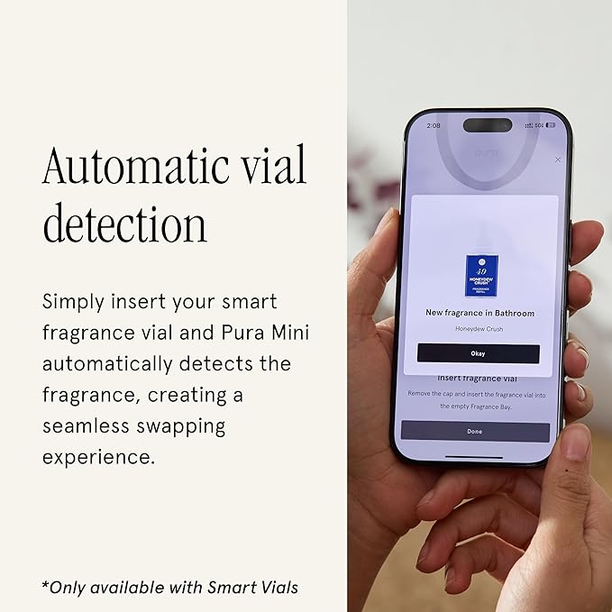 Pura Mini Smart Fragrance Diffuser for Small Spaces Adjustable Smart Home Device with LED Light & Automatic Vial Detection - Includes 1 Scent Refill; Linens & Surf
