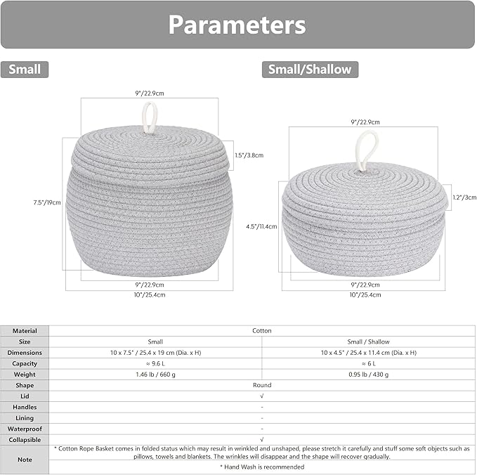 Sea Team Round Cotton Rope Storage Basket with Lid, Decorative Woven Storage Bin, Pot, Caddy, Organizer, Container for Snacks, Towels, Plants, 10 x 7.5 Inches (Small, White)