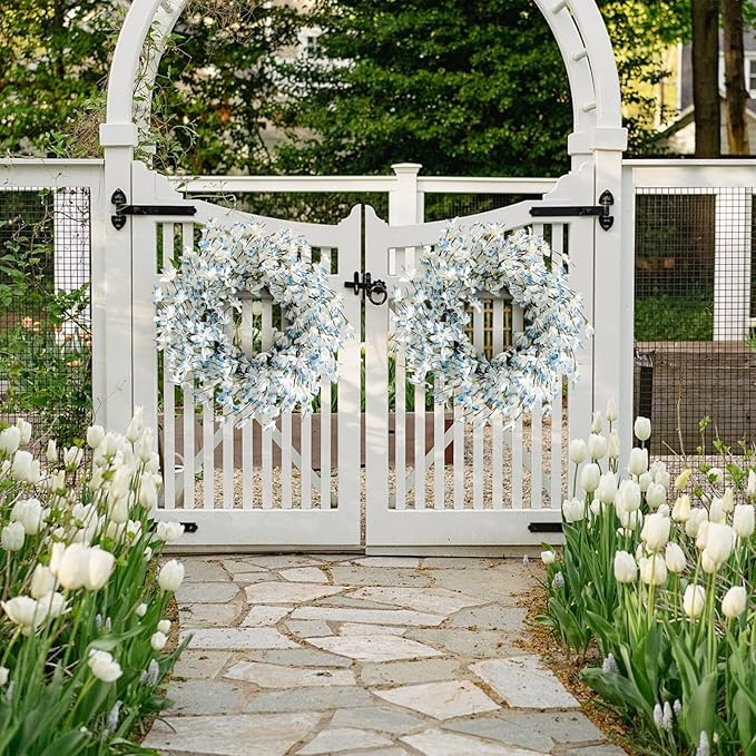 Blue Forsythia Spring Wreath for Front Door, 24 Inch Spring Wreath Blue Cream Cluster on Farmhouse Grapevine Blossom Cluster for Festival Celebration Front Door Wall Window Christmas Home Décor