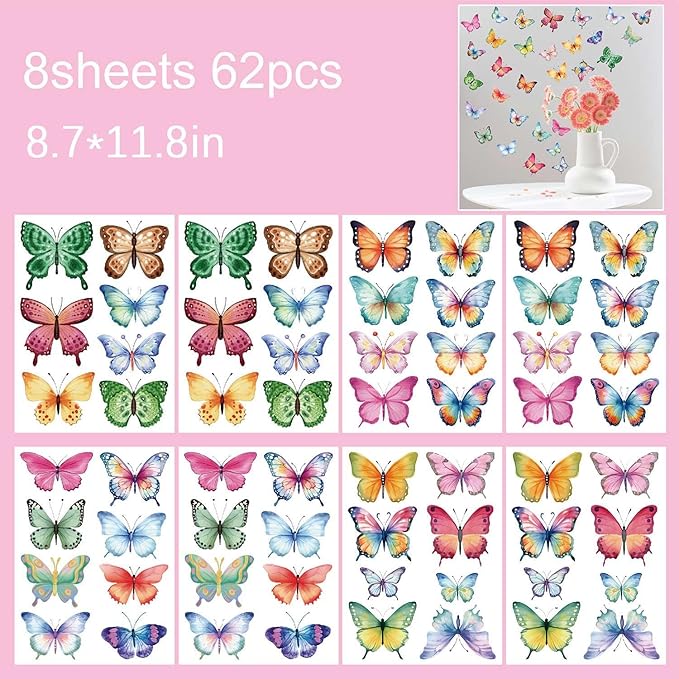 Large Butterfly Wall Decals 8 Sheets 62PCS Watercolor Wall Stickers Removable Peel & Stick for Kids Room Nursery Wall Art Girls Room Bedroom Décor