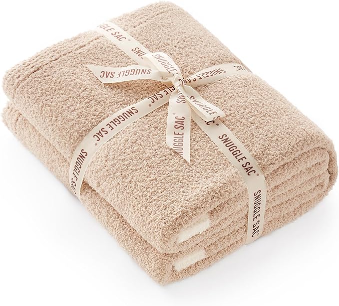 Snuggle Sac Ultra Soft Throw Blanket for Couch Bed Sofa 50x60 inches, Reversible Beige Blanket Microfiber Fluffy Fuzzy Cozy Knit Throws for Women Mothers Birthday Gifts