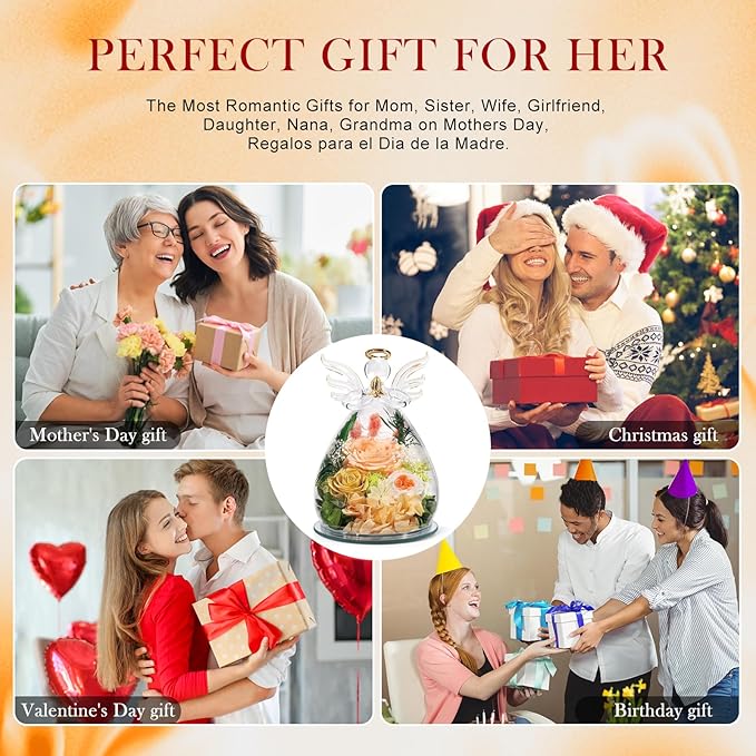 FIACO Gifts for Women Birthday Christmas Preserved Rose Forever Flower in Glass Angel Figurines Fresh Flowers for Delivery for Mom Real Colorful Roses for Grandma Wife Her from Daughter