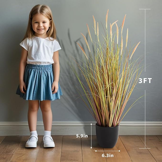 KOL 3ft 2-Pack Artificial Cattail Reed Grass, 35in Artificial Indoor Outdoor Fake Onion Grass, Home Office Wedding Decorative Artificial Plants in Pot Faux Floor Plant Greenery, Pink