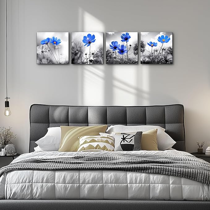 Canvas wall art for kitchen Simple Life Black and white landscape cyan blue flowers wall Decor for bedroom Artwork 12" x 12" 4 Pieces Framed Canvas Prints Ready to Hang or living room Home Decoration