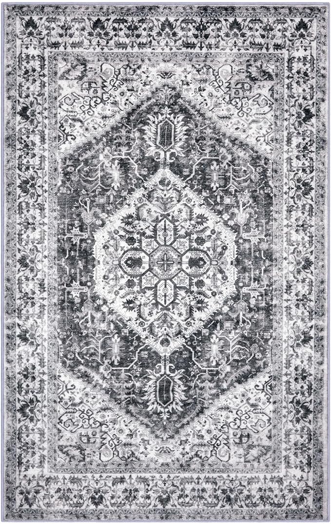 KOZYFLY Area Rug 4x6 Ft Washable Rugs for Entryway Non Slip Kitchen Mats for Floor Rugs for Living Room Printed Faux Wool Vintage Throw Rug for Entrance Bedroom Kitchen Living Room, Grey