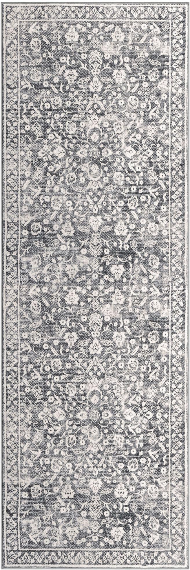Vintage Washable 2x5 Rug Runner, Gray Ivory Runners for hallways, Super Soft Kitchen Runner Rug Non Slip, Print Faux Wool Floral Thin Carpet Runner for Entryway Indoor Bedroom