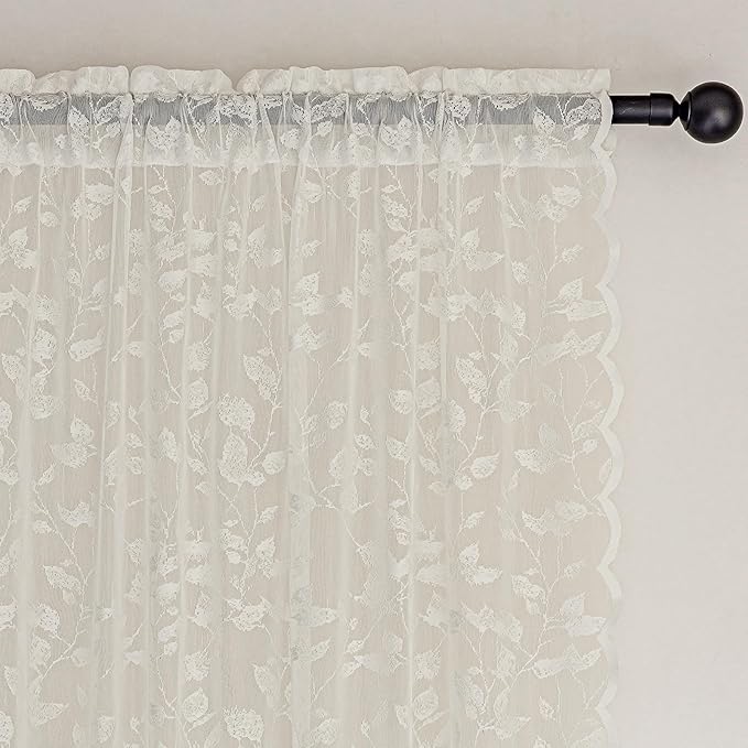Beige Lace Sheer Curtains – Vintage Leaves Pattern Lace Fall Curtains, Modern Privacy Light Filtering Rod Pocket Window Drapes for Bedroom Living Room, 52W x 54L Inch, 2-Panel Set