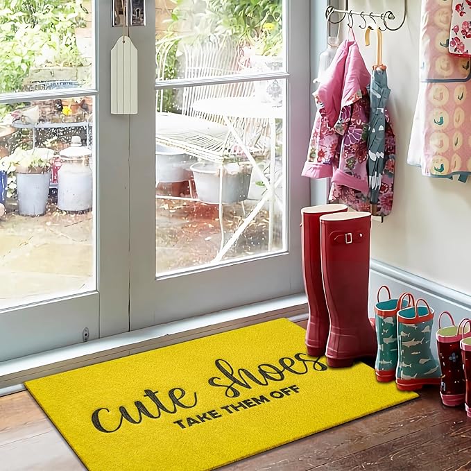 Spring Door Mats for Home Entrance Funny Front Door Mats Cute Shoes Take Them Off Heavy Duty Easy Clean Doormat Indoor Outdoor Mat for Spring Door Way Kitchen Entry Home Entryway Yellow