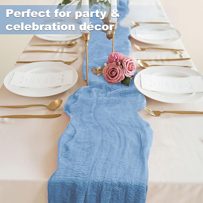 JOYIT 1 Pack Blue Cheesecloth Table Runner 35" x 120" – Boho Table Runner Set for Wedding, Birthday, and Party Decor, Romantic Gauze Table Runner for Rustic and Elegant Tablescapes (Light Blue)