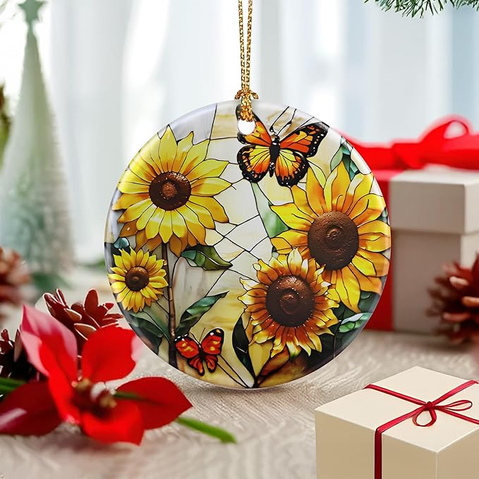 Sunflowers with Butterflies Ornament – Christmas Decoration & Christmas Ornament; Round Ceramic (Holiday Present, Bauble Present, Gift Idea, and Gift Exchange) | Heirloom Keepsake