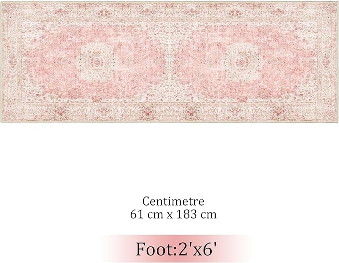 Washable Runner Rug 2x6,Pink Rug Runners Non Slip,Long Boho Rugs for Hallways Kitchen Bedroom Entryway Living Room Bathroom,Vintage Bohemian Distressed Floor Carpet,Blush