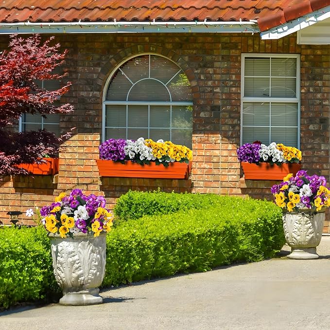Hananona 12 Bundles Artificial Flowers Outdoor UV Resistant Artificial Silk Pansies Faux Plastic Flower in Bulk Fake Outdoor Plants(12, Yellow, White, Purple)