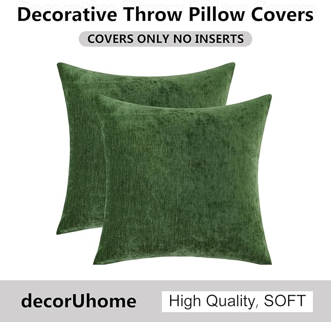 decorUhome Chenille Moss Green Christmas Throw Pillow Covers 26x26 Inch Set of 2, Decorative Soft Couch Pillow Covers Solid Dyed Accent Farmhouse Neutral Square Pillow Cases for Sofa