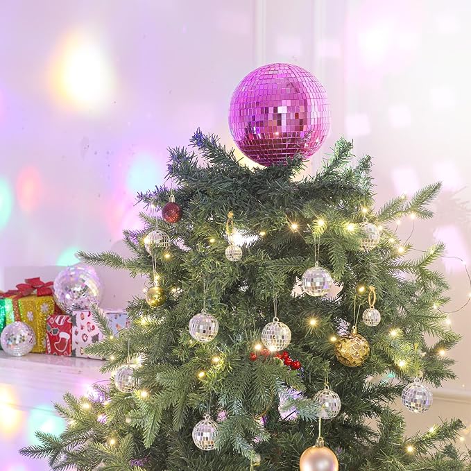 Retisee 8'' Pink Disco Ball Christmas Tree Topper Disco Mirror Ball Xmas Tree Topper 3D Hollow Pink Disco Ball Decor Disco Ball Ornament for 70s Disco Holiday Wedding Birthday Party Decorations