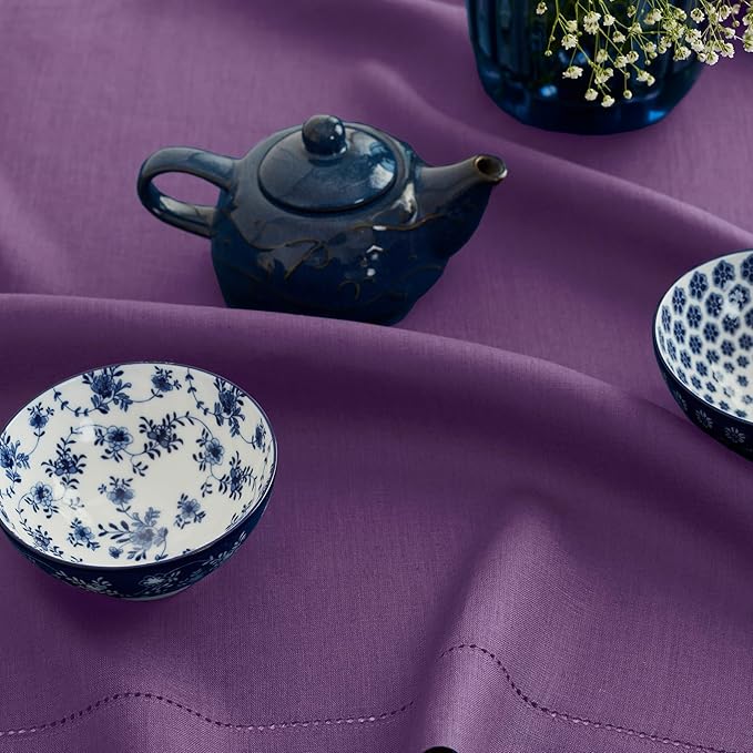 Solino Home Linen Purple Table Runner 72 Inches Long - 100% Pure Linen Hemstitch Table Runner 14 x 72 Inch for Dresser, Dining, Spring, Easter, Valentines - Classic Hemstitch