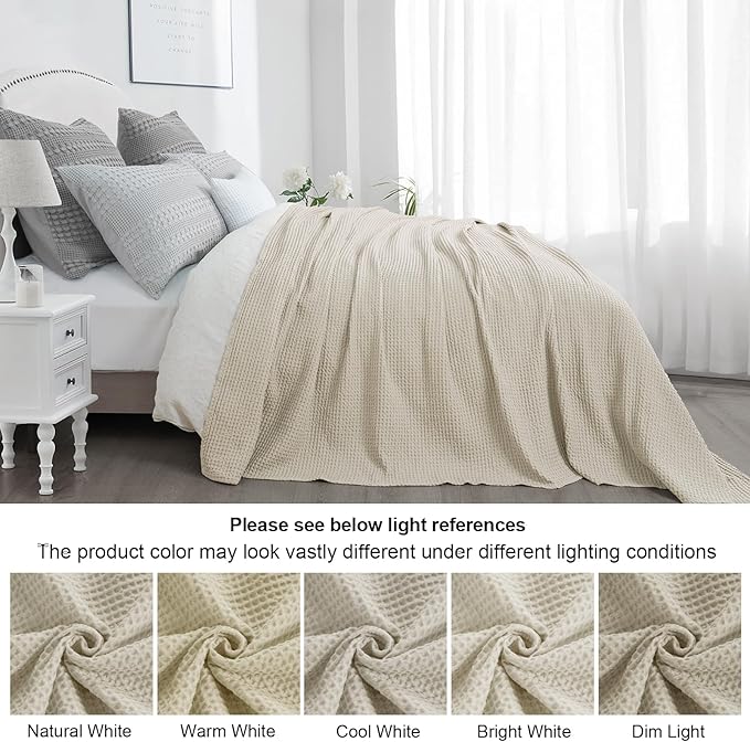 PHF 100% Cotton Waffle Weave Blanket Queen Size for Bed, Snag Proof Lightweight Breathable Moisture-wicking Throw for Couch, Great for Layering in Cold, Machine Washable, Home Decor Gift - Linen/Stone