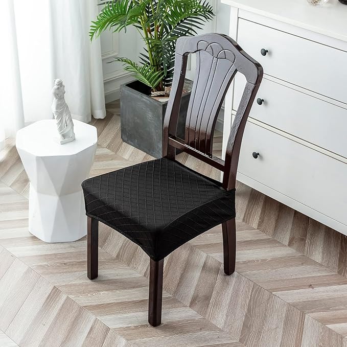 Genina Waterproof Seat Covers for Chairs,Set of 2 Dining Room Chair Seat Covers for Kitchen,Stretch Jacquard Removable Washable Dining Chair Slipcovers Protectors with Rear Covers, Black