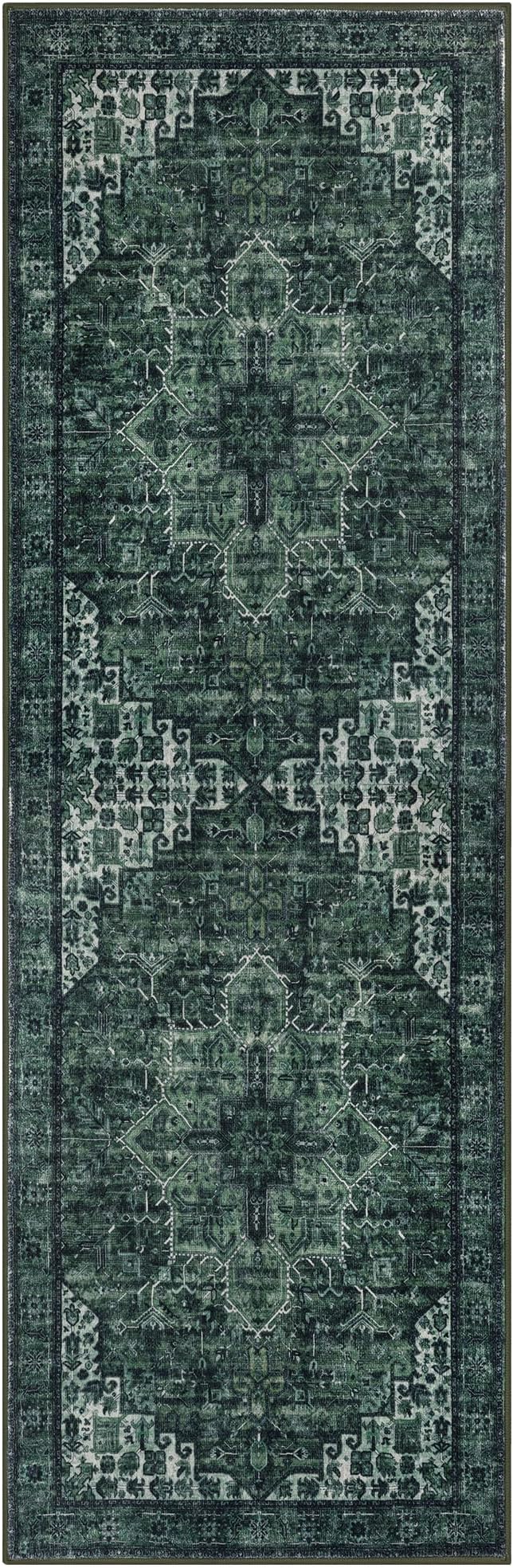 2x6 Vintage Runner for Hallways, Deep Green Non-Slip Printed Washable Kitchen Runner, Boho Rug with Non-Shedding, Medallion Floor Carpet for Laundry Bedroom Entryway
