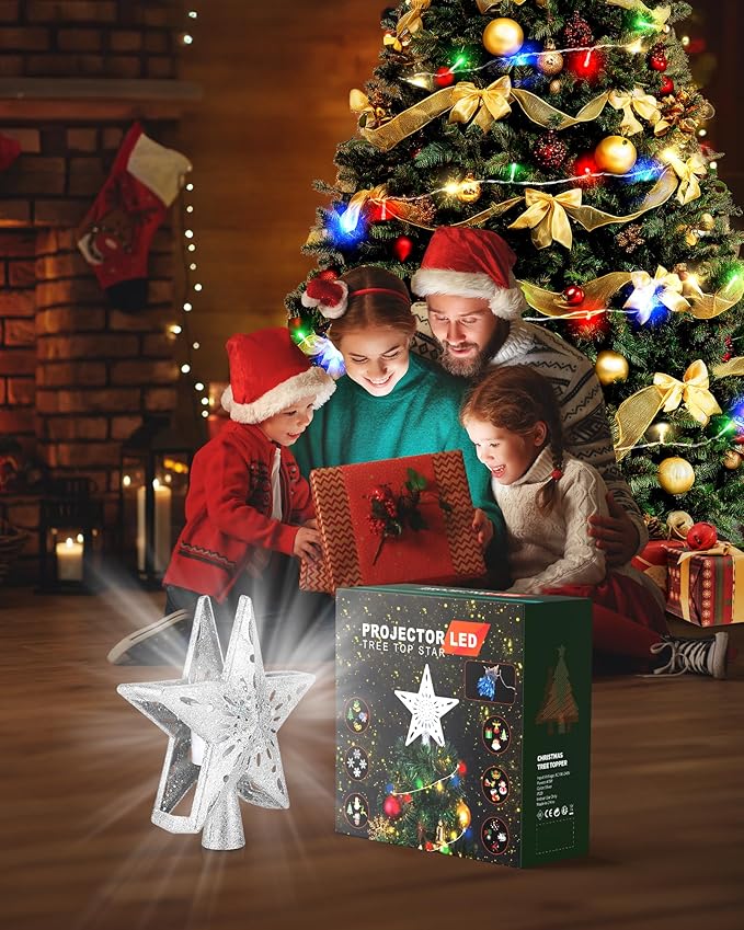 Christmas Tree Topper Star Lighted with 32.8ft Breathing Flickering Light Cord & 6 LED Projection Modes, Silver Christmas Star Topper for Indoor Xmas Holiday Tree Decoration