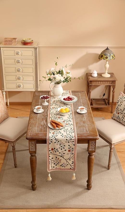 ISAENNE Designer Elegant Linen Floral Table Runner 102 Inches Long,Farmhouse Light Beige Durable Decor Table Runners for Dining Tables,Thanksgiving,Kitchen Tables,Christmas,12"*102"-Flora A