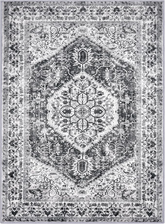 KOZYFLY Boho Area Rug 8x10 Ft Thin Rugs for Living Room Washable Bedroom Rug Non Slip Rugs for Dining Room Printed Faux Wool Rectangular Rug Floor Carpet for Dining Room Living Room, Grey