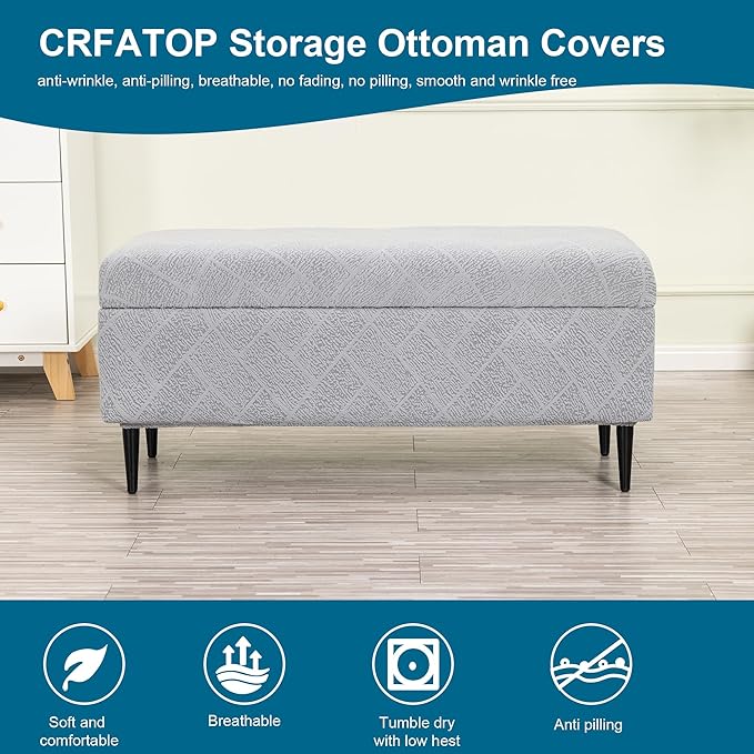 CRFATOP Jacquard Ottoman Stool Cover Stretch Folding Storage Footstool Bench Slipcovers Upholstered Foot Chest Chair Covers Washable Entryway Furniture Protector with Elastic Bands,M,Light Grey