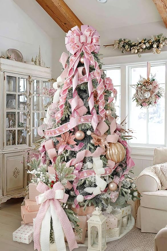 HUIHUANG Pink Christmas Tree Topper Bow 13 inch x 45 inch Large Christmas Bows Pink and White Snowflake Velvet Bows for Christmas Tree Ornament, Wreaths, Staircase, Mantel, Home Decor