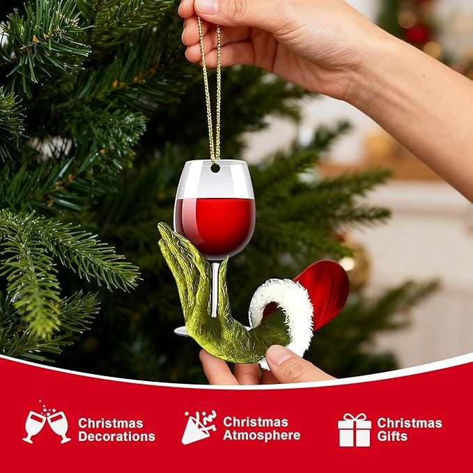 Wine Ornaments for Christmas Tree-2D Acrylic Wine Cup Green Hanging Decorations, Funny Christmas Ornaments,Unique Christmas Ornaments for Stocking Stuffers & Xmas Gifts