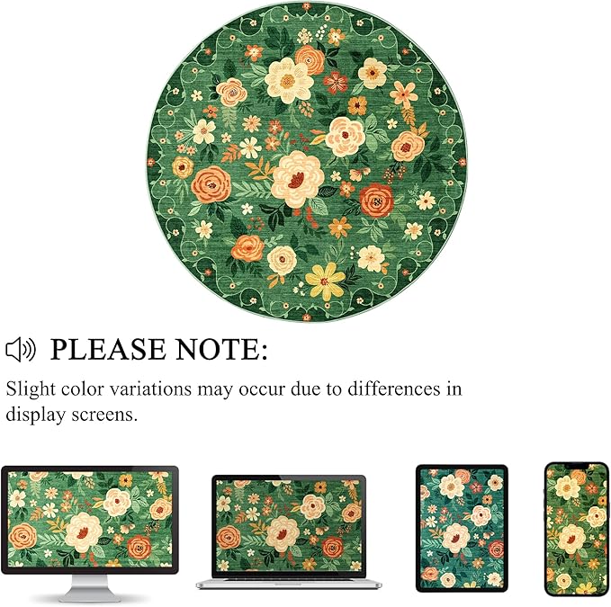 DUKINO Floral Round Rug, 6ft Washable Circle Rug, Non Slip Indoor Low Pile Circle Rug, Soft Small Boho Design Carpet for Bedroom, Entryway, Living Room, Dining Room, Dark Green