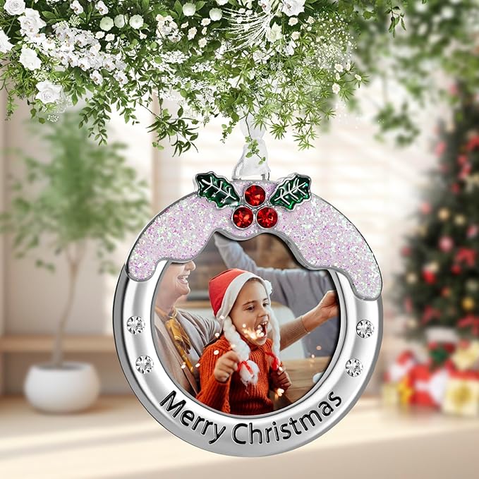 Christmas Tree Ornament - Decorative Hanging 2025 Holiday Keepsake Gift Pendant with 2.5X2.5 Inch Photo Frame Insert for Picture of Pet(Circle-Snow)