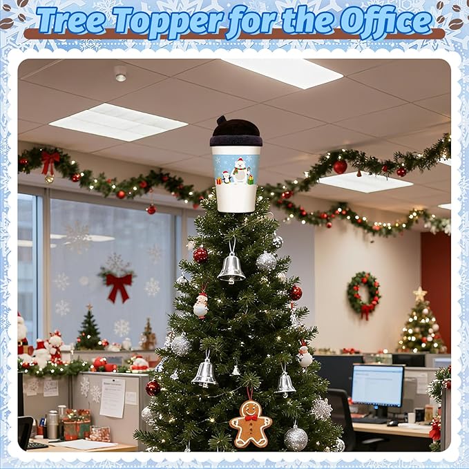 Coffee Cup Christmas Tree Topper, 8inch Coffee Themed Gifts with Winter Polar Bear Penguin and Snowflake Velvet Tree Top Decor for Home/Office Coffee Party Xmas Christmas Decoration, Coffee Lover
