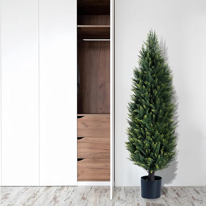 Artificial Cedar Topiary Trees, Set of 2 Lifelike Faux Pruned Cypress with Heavy-Duty Planters – UV-Resistant Outdoor Artificial Shrubs for Indoor/Outdoor Decor (40 Inches)